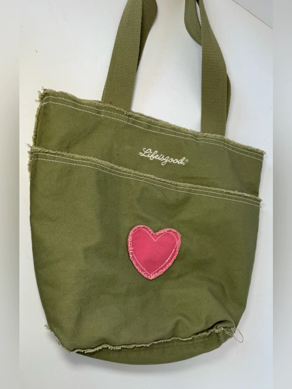 Life is Good Olive Canvas Frayed Heart Tote